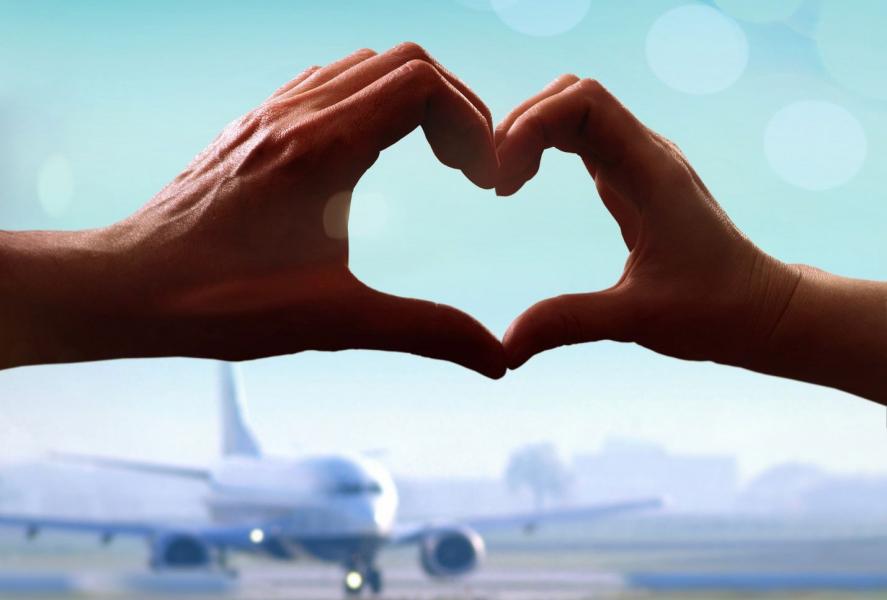 heart formed with hands in front of plane